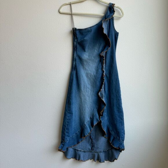 Vintage Dresses & Skirts - Vintage One Shoulder Denim Blue Ruffle Mini Dress Y2K 2000’s Size Small Made USA